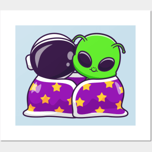 Cute Astronaut And Alien Wearing Blanket Together Cartoon Posters and Art